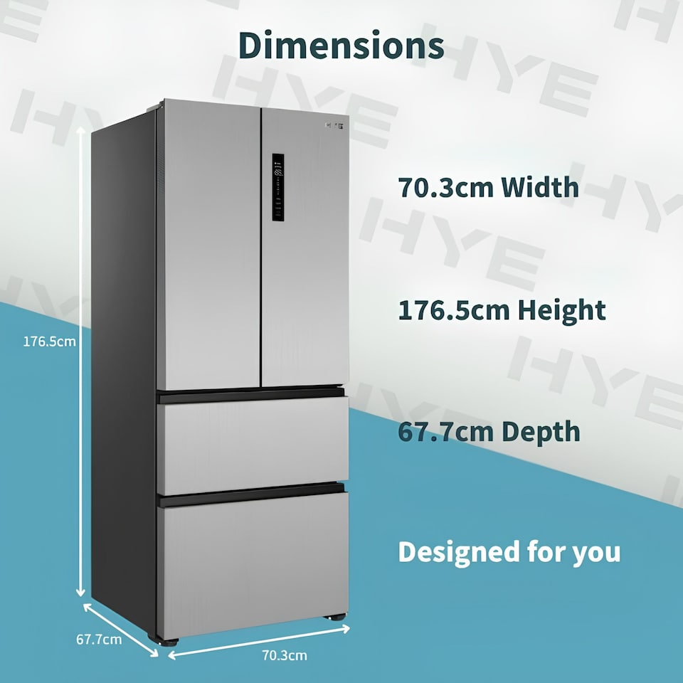 image 1 of HYE 403 Litre Frost Free French Door American Fridge Freezer, 70cm, Silver - RF01AMFD403DS07