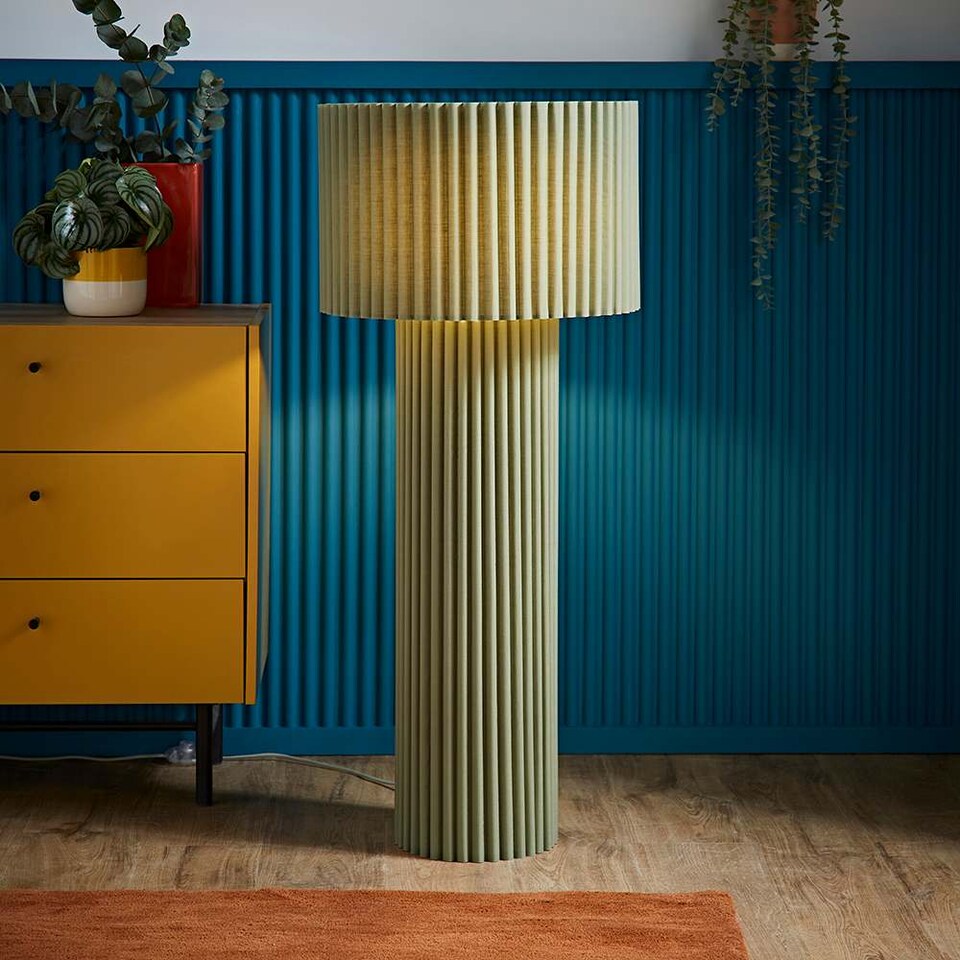 image 1 of ValueLights Lenny Moss Green Shade Ribbed Fabric Midi Floor Lamp & Bulb | Green