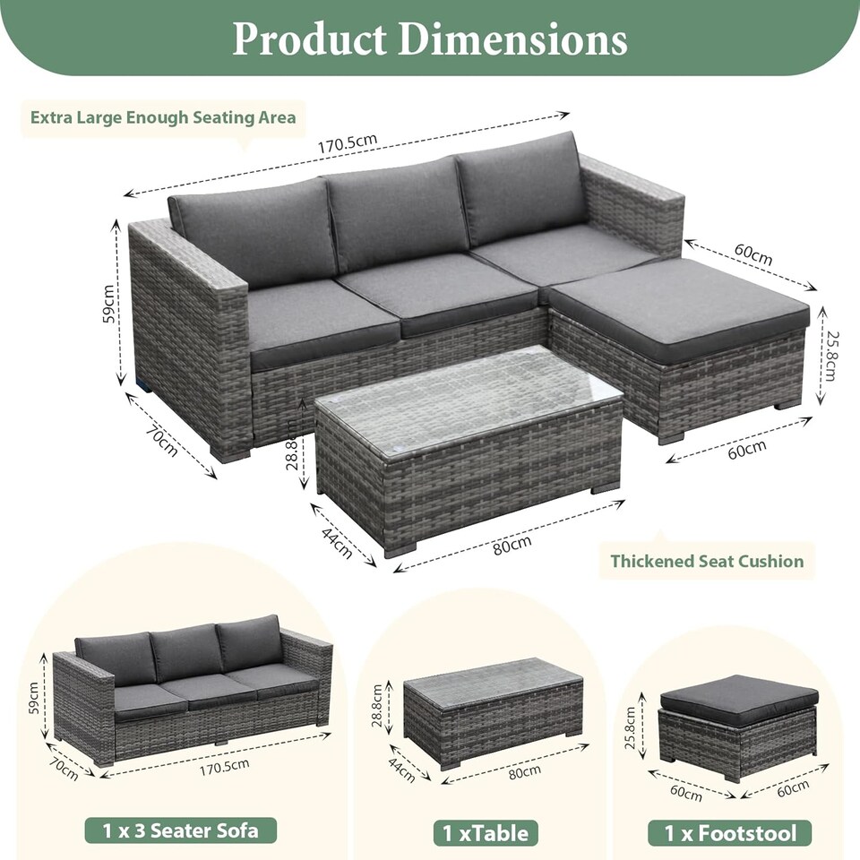 image 1 of 3-Piece Rattan Garden Corner Sofa Set with Coffee Table & Washable Cushions