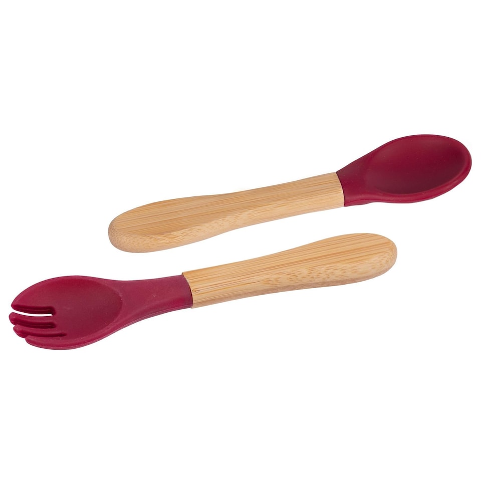 image 1 of Tiny Dining Bamboo Silicone Tip Fork & Spoon Set - Cherry - Children's Baby Toddler Soft Curved Feeding Weaning Cutlery