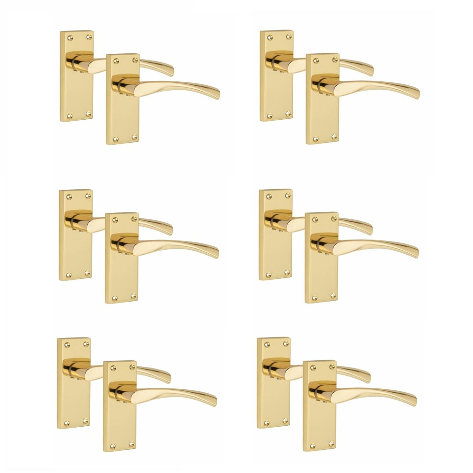 image 1 of Golden Grace 6 Pairs Victorian Scroll Astrid Handle Latch Door Handles inGold Polished Brass with 120mm x 40mm Backplate Gold