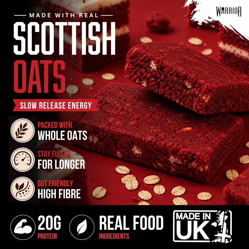 image 1 of Warrior RAW Protein Bars 12 x 75g – 20g High Protein Bar, Low Sugar High Fibre Oat Protein Flapjack – Protein Snacks, Meal Replacement Bars (Red Velvet Cake)