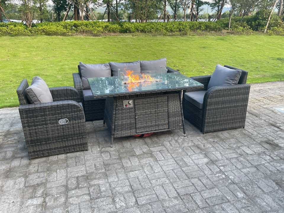 image 1 of Fimous Dark Mixed Grey Rattan Outdoor Garden Furniture Gas Fire Pit Table Gas Heater Sets Lounge Sofa Reclining Adjustable Chairs 5 Seater