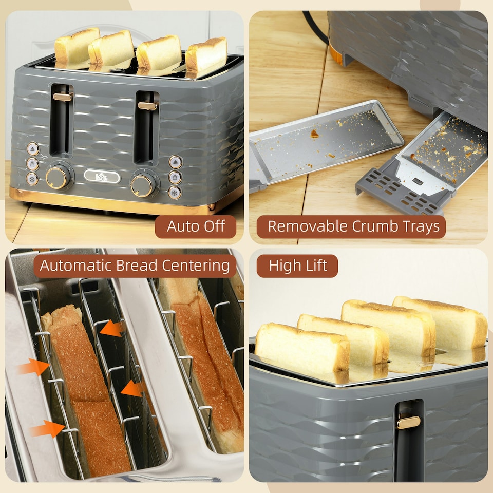image 1 of HOMCOM Toaster with 4 Slot, 7 Browning Levels, 1600W, Grey Ripple Grey | Rose gold accents | 29.2L x 27.5W x 18.9Hcm