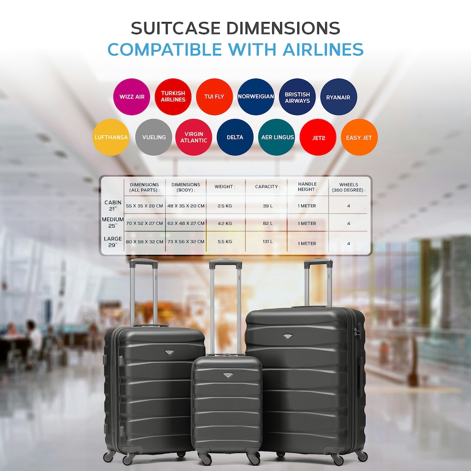 image 1 of Flight Knight Set of 3 Lightweight 4 Wheel ABS Hard Case Suitcases Cabin & Hold Luggage, 100+ Airlines Approved - easyJet, British Airways, Ryanair, Jet2 Grey | Charcoal