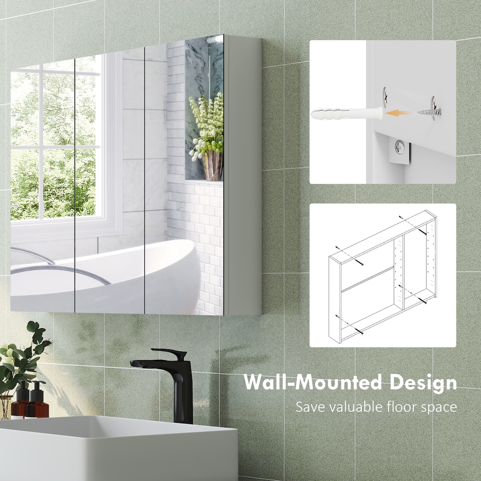 image 1 of HOMCOM Bathroom Mirror Cabinet with 4 Adjustable Shelves, White | White