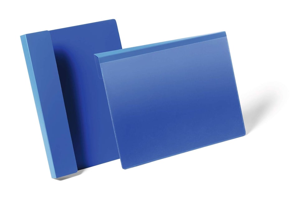 image 1 of Durable Hanging Ticket Holder Label Pocket Document Pouch | 50 Pack | A4 Blue