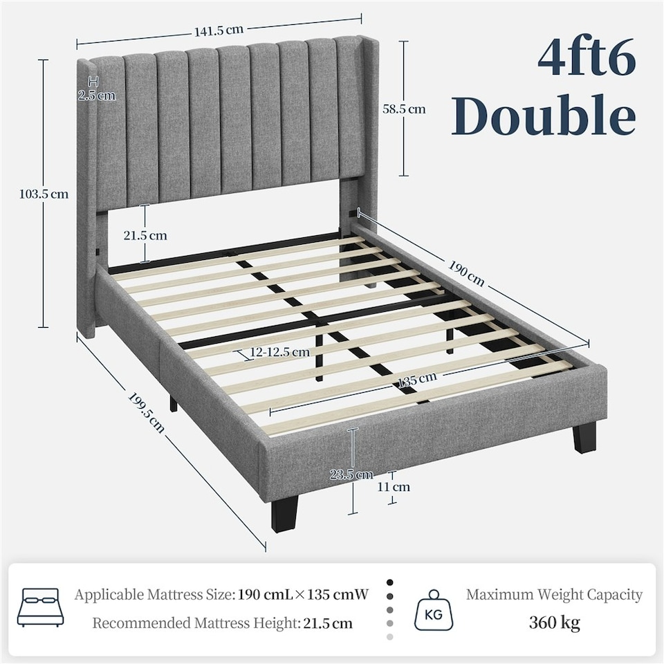 image 1 of Yaheetech 135 cm W x 190 cm L Upholstered Bed Frame with Wing Side Light Grey