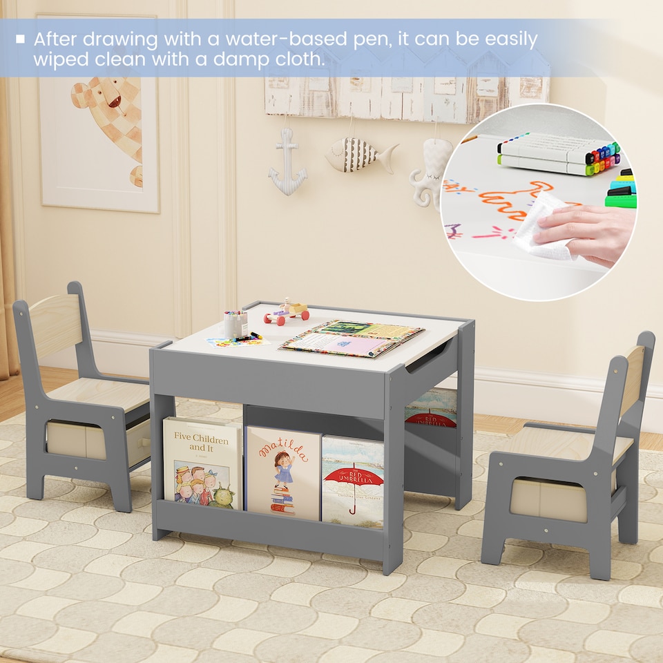 image 1 of COSTWAY Kids Table & Chairs Set 4 in 1 Toddler Table Grey