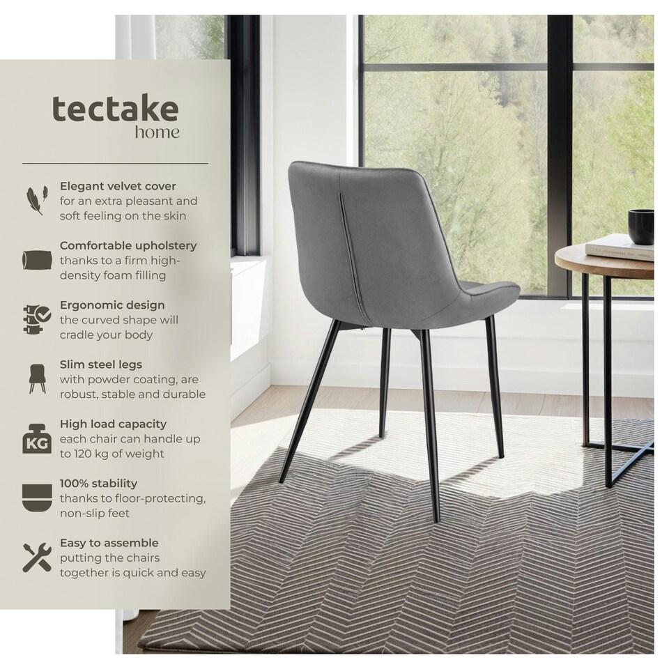 image 1 of Dining Chair Monroe - padded, velvet look, ergonomic seat, black steel legs - Set of 8 Grey