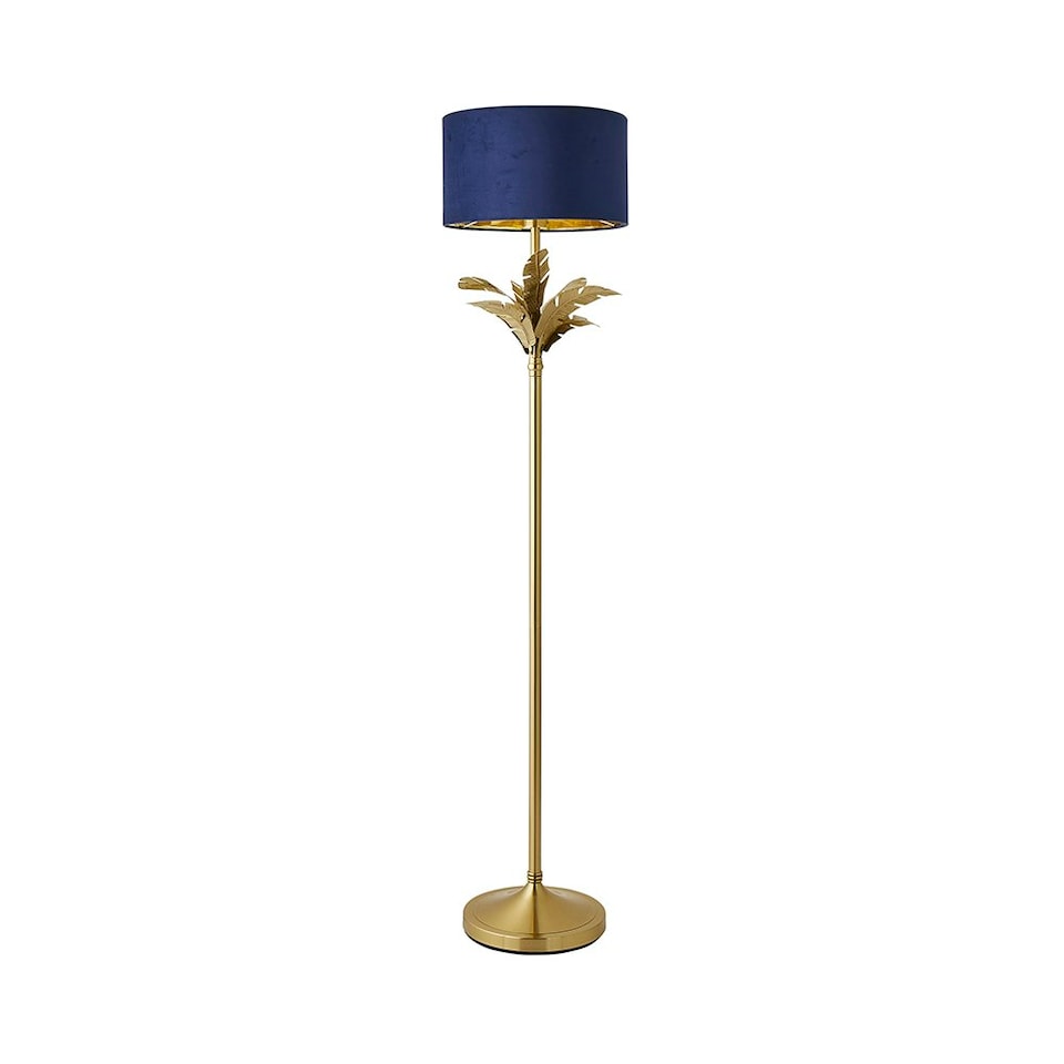 image 1 of ValueLights Christina Navy Blue Velvet with Gold Inner Drum Shade Gold Palm Leaf Floor Lamp Gold