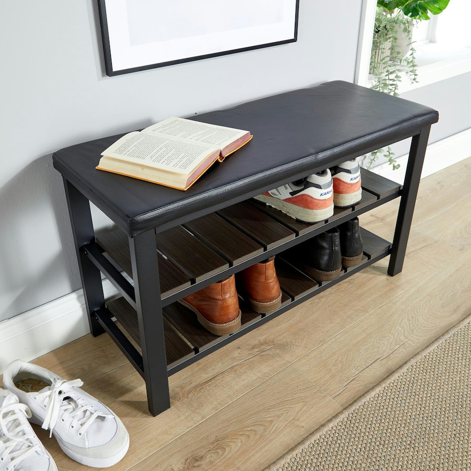 image 1 of Spalding Black Metal Shoe Bench with Two Storage Shelves - Perfect for the Hallway Black
