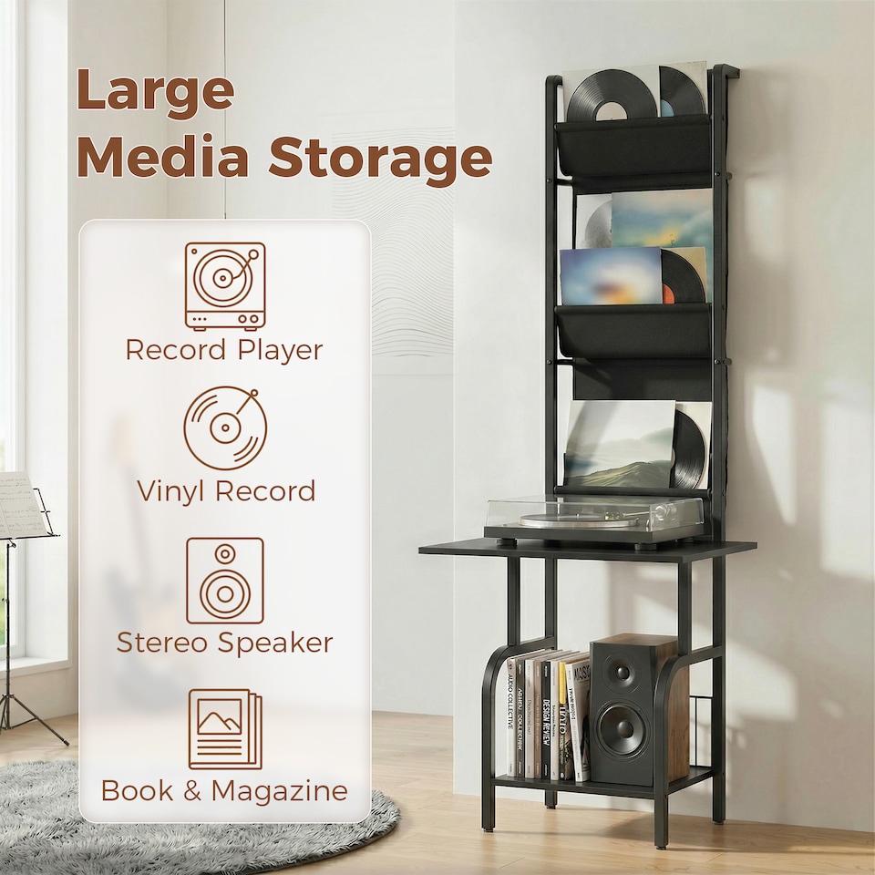 image 1 of HOMCOM Vinyl Record Player Stand with Oxford Pockets, Black