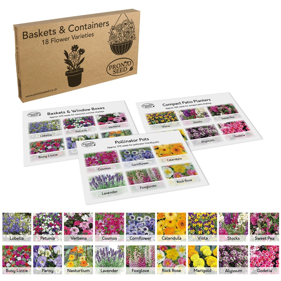 image 1 of Pronto Seed Bumper Baskets & Containers Flower Seed Variety Pack.  18 Varieties, Over 1400 Seeds