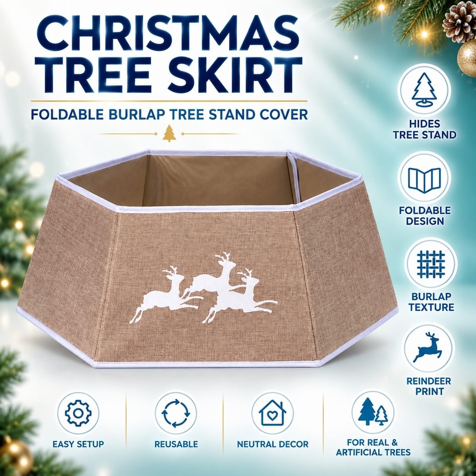 image 1 of 26.8 Inch Hexagonal Fabric Christmas Tree Collar in Beige for a Neat Festive Finish