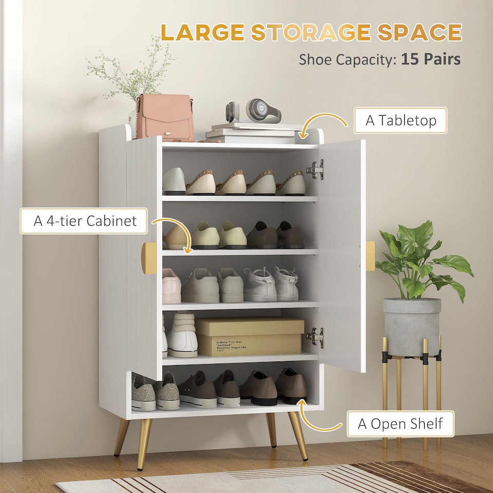 image 1 of HOMCOM Modern Shoe Cabinet with 2 Doors, Open Shelf and Adjustable Shelves, 15 Pair Hallway Shoe Cupboard, Entryway Storage Unit, White