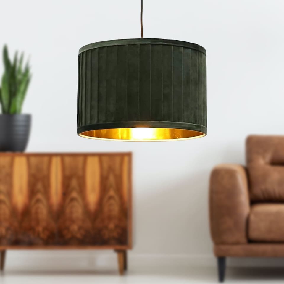 image 1 of Sundance - Dark Green Velvet Pleated 30cm Lamp Shade with Gold Inner | Green | Gold | Large | 1
