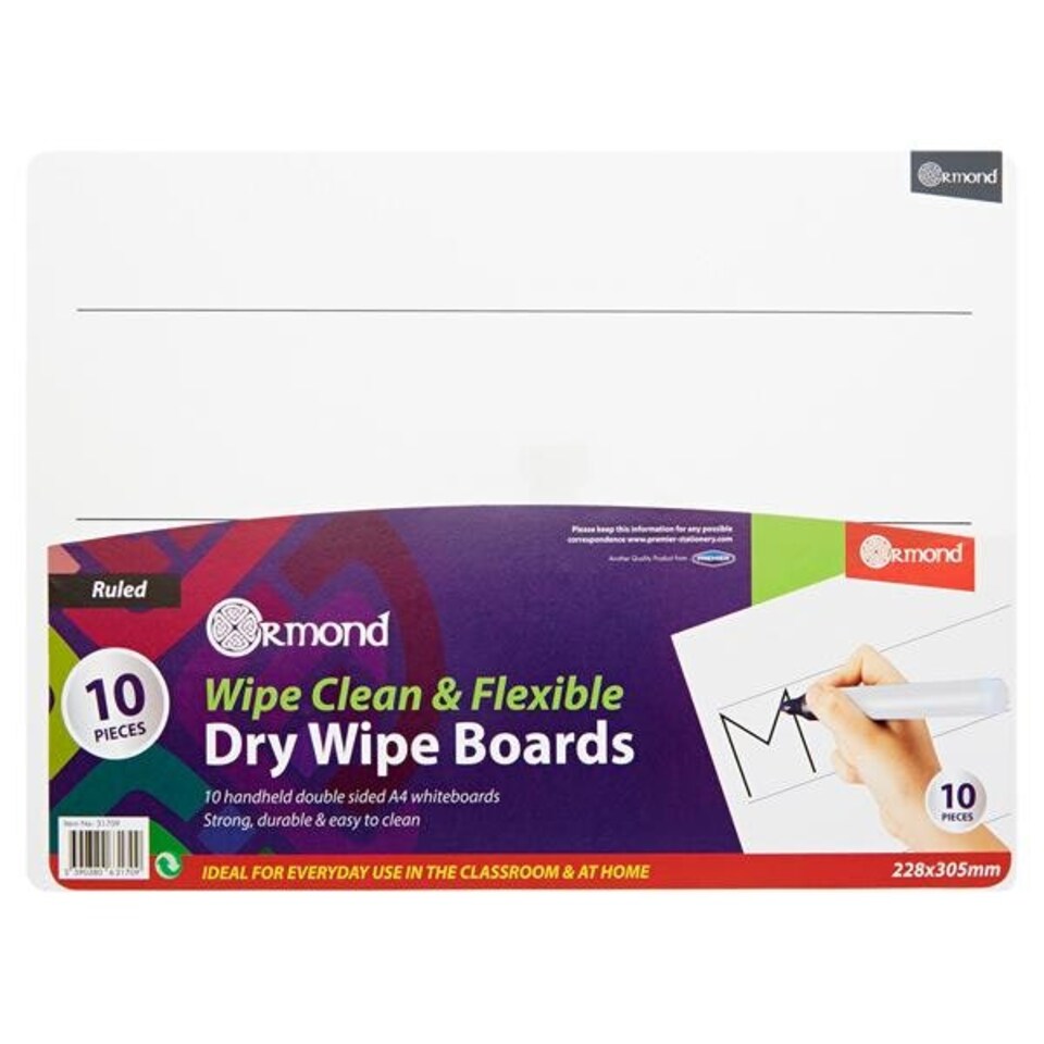 image 1 of Pack of 10 228x305mm Wide Ruled Dry Wipe Boards by Ormond