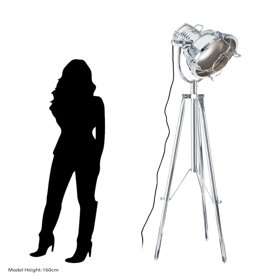 image 1 of Interiors by Premier Industrial Tripod Floor Lamp, Height Adjustable Chrome Floor Light, Tiltable Spotlight With In-Line Switch Silver