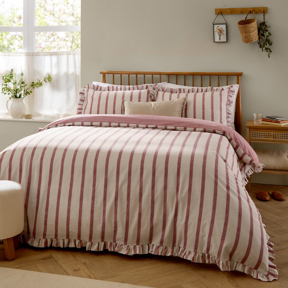 image 1 of Wylder Connie Striped Ruffle Duvet Cover Set | Pink | Clay Pink | Single | 1
