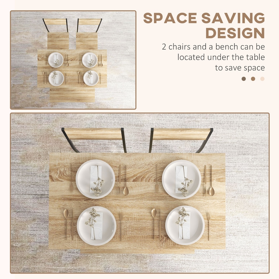 image 1 of HOMCOM 4 Piece Dining Table and Chairs Set, Industrial Kitchen Table Set of 4 with 2 Chairs and Bench, Space Saving Table and Chairs with Shelf for Small Spaces, Natural Wood Effect