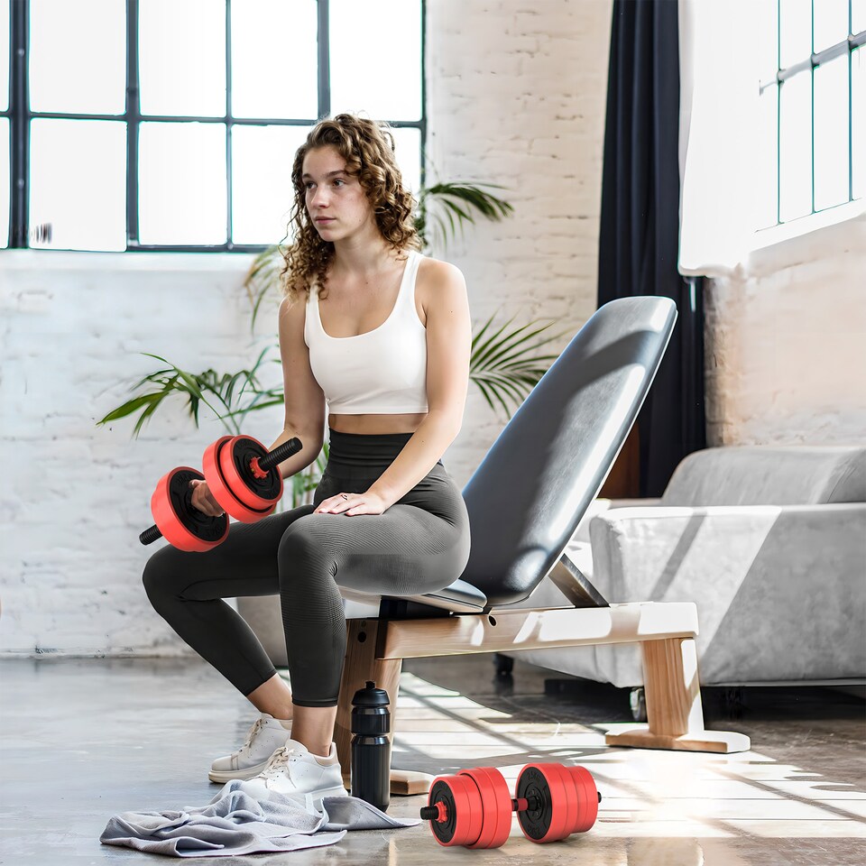 image 1 of SPORTNOW 4-in-1 Adjustable Weight Dumbbells Set, Used as Barbell, Kettlebell, Push up Stand, Free Weights Set for Men and Women Home Gym Training, 30KG, Red