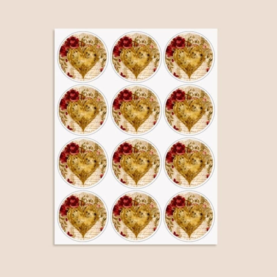 image 1 of Vintage Gold Heart Round Stickers 60mm - Sheet of 12