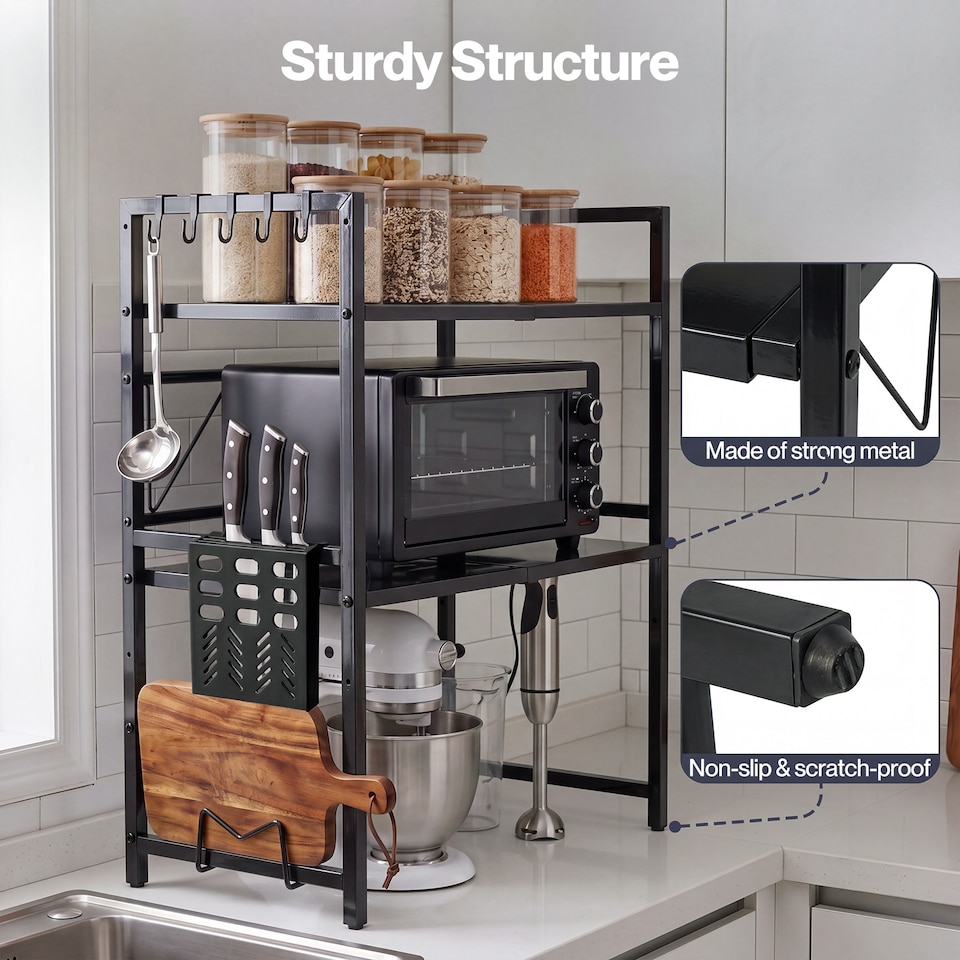 image 1 of TOQUE 3 Tier Expandable Microwave Oven Rack Stand Kitchen Storage Shelf Black