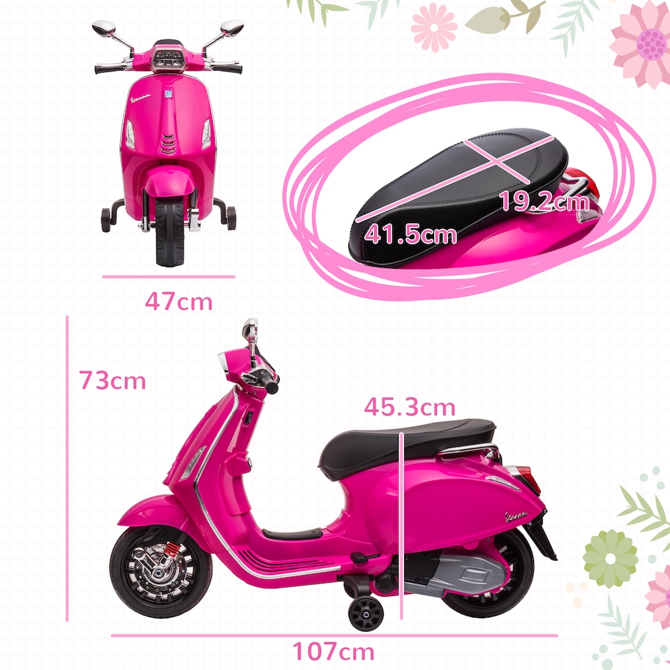 image 1 of AIYAPLAY Vespa Licensed 12V Kids Electric Motorbike, Kids Ride on Motorcycle with Music, Head Light, MP3, FM Radio, Two Training Wheels, for 3-6 Years - Pink