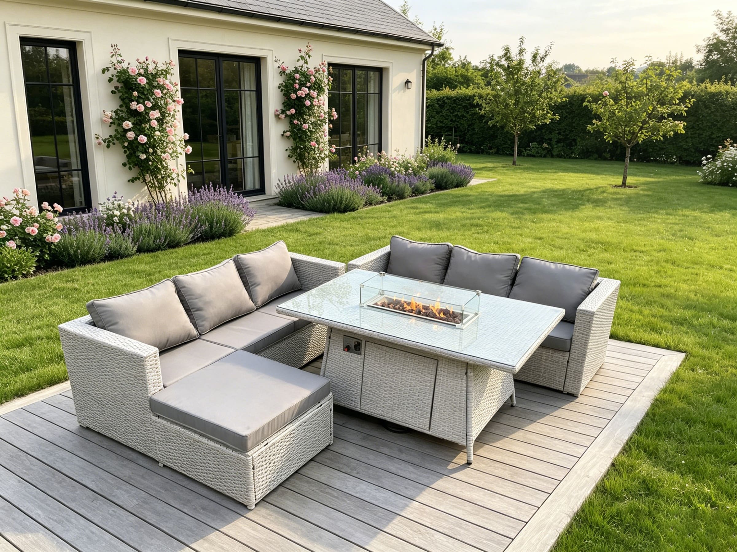 Fimous Garden Dining Sets Outdoor Rattan Furniture Gas Fire Pit Dining Table Gas Heater with Big Footstool Light Grey