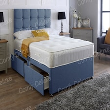 3ft Single Blue Linen Divan Bed With Headboard & Memory Sprung Mattress No Drawers