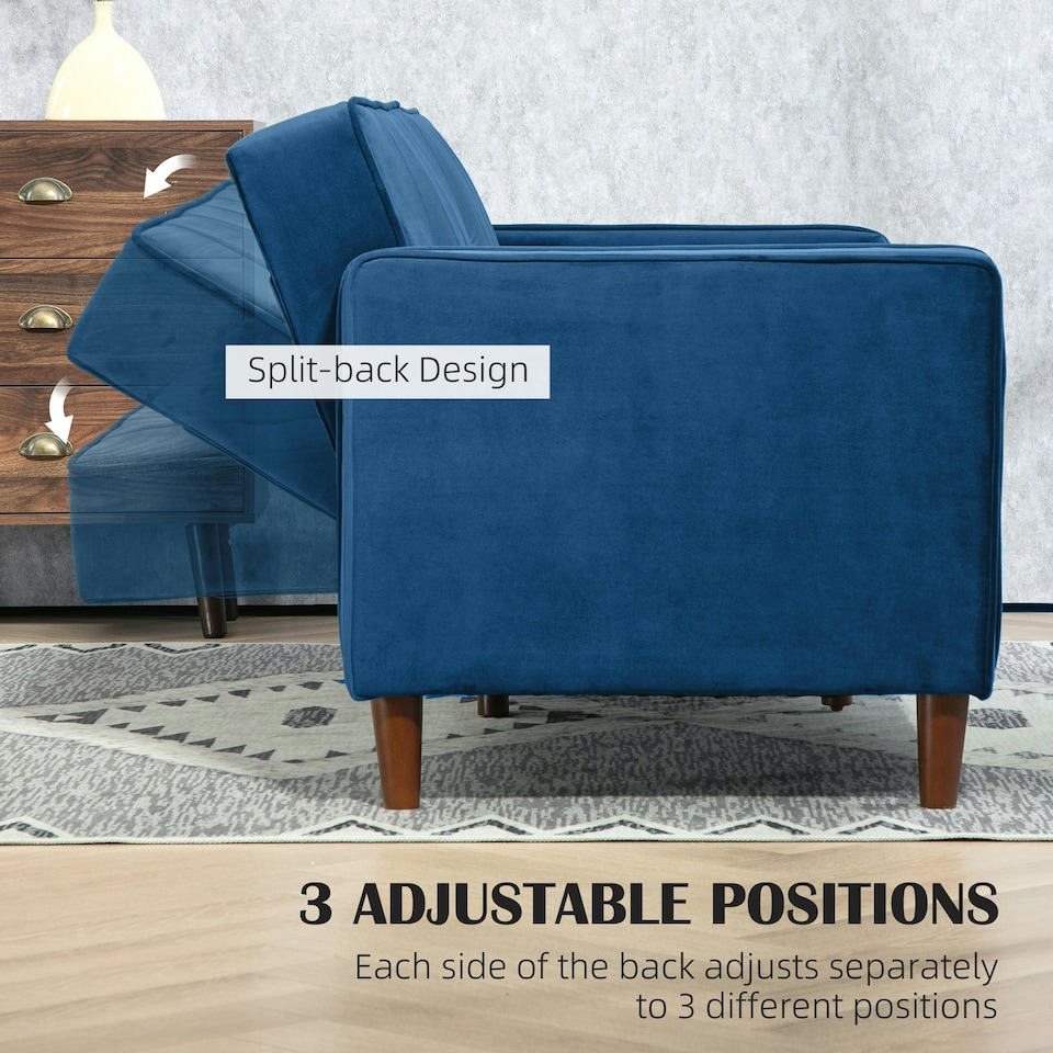 image 1 of HOMCOM Convertible Sofa Futon Velvet-Touch Tufted Couch Sofa Bed Blue