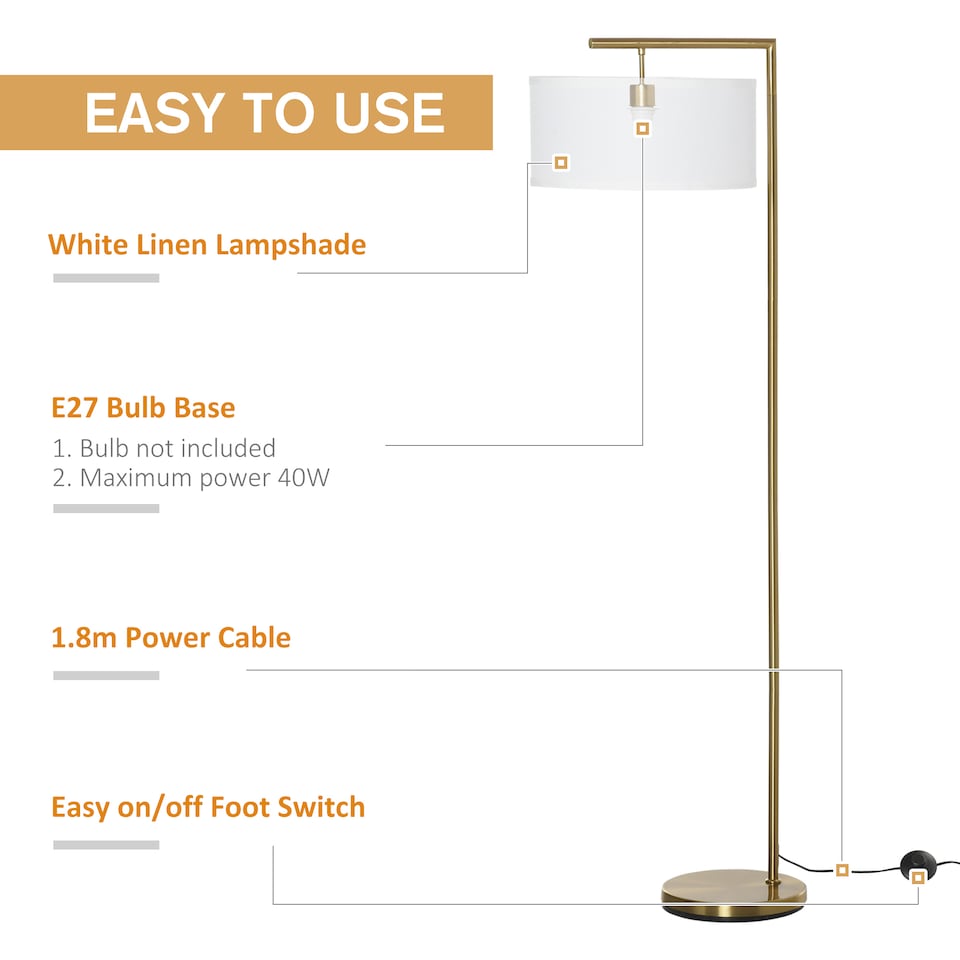 image 1 of HOMCOM Floor Lamp, Modern Standing Lamp with Linen Lampshade, Round Base for Living Room, Bedroom, Dining Room, 153cm, Gold and White