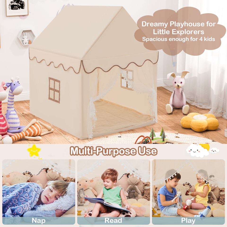 image 1 of COSTWAY Kids Play Tent Indoor Playhouse with Padded Mat-Beige