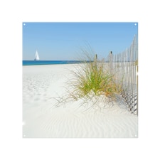 Dune fence by sea grass with sailboat on horizon Designer Splash Back | White