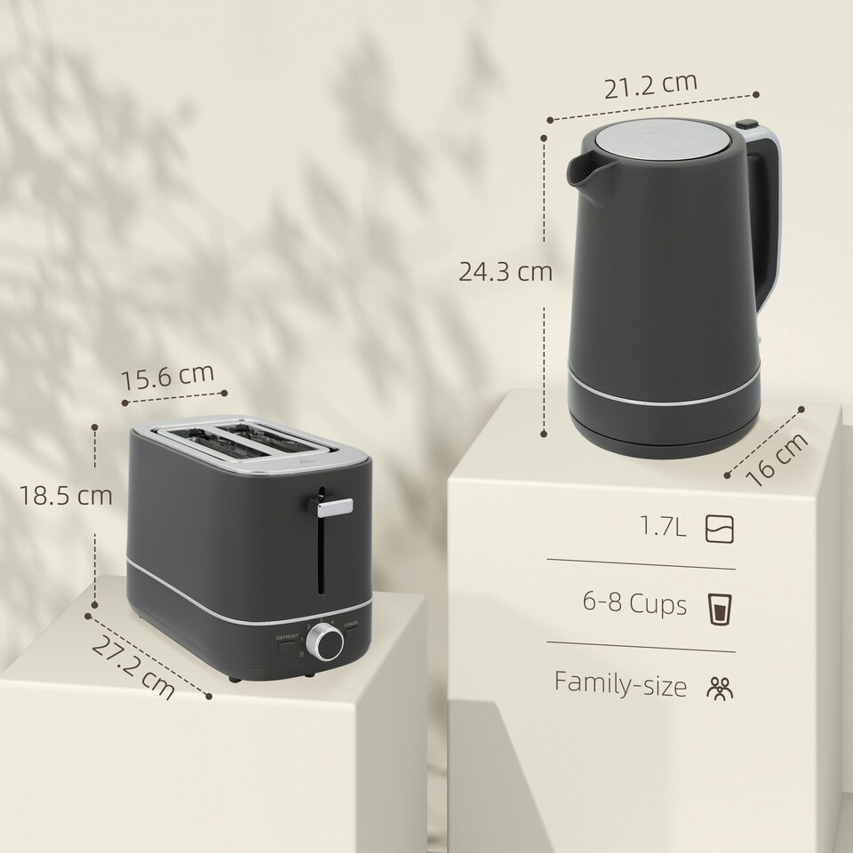image 1 of HOMCOM 1.7L 3000W Fast Boil Electric Kettle and 2 Slice Toaster Set, Grey