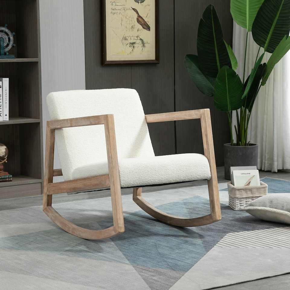 image 1 of HOMCOM Rocking Chair Upholstered Armchair Wooden Accent Chair Cream White