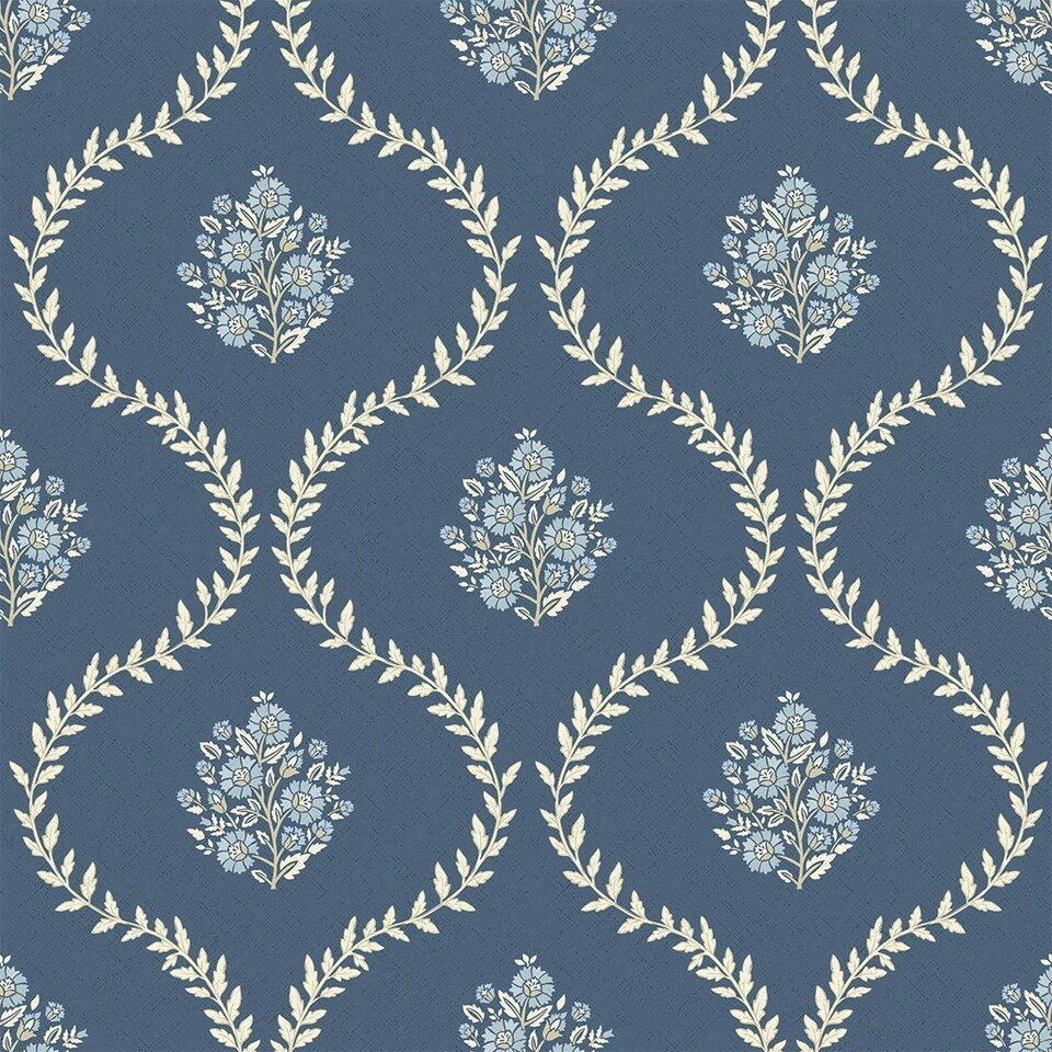 image 1 of Posy Trellis Wallpaper in Cream on Navy Multi