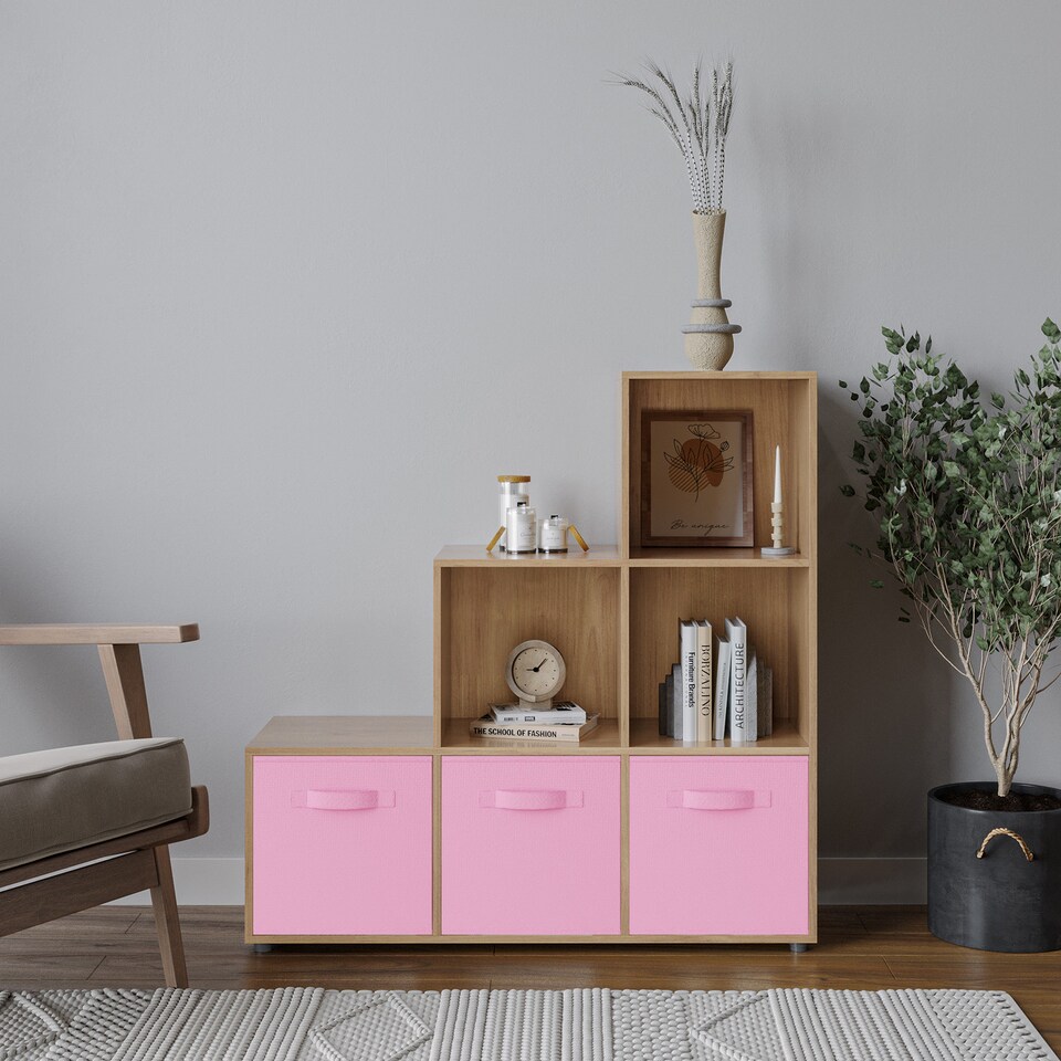 image 1 of 6-Cube Step Shelving Unit With Non Woven Inserts | Brown | Oak & Light Pink | 1