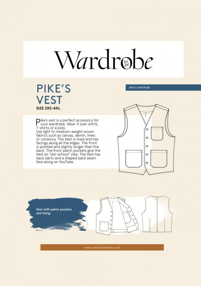 Wardrobe By Me Sewing Pattern Mens Pikes Vest, Waistcoats for Men - 2XS - 4XL - Intermediate