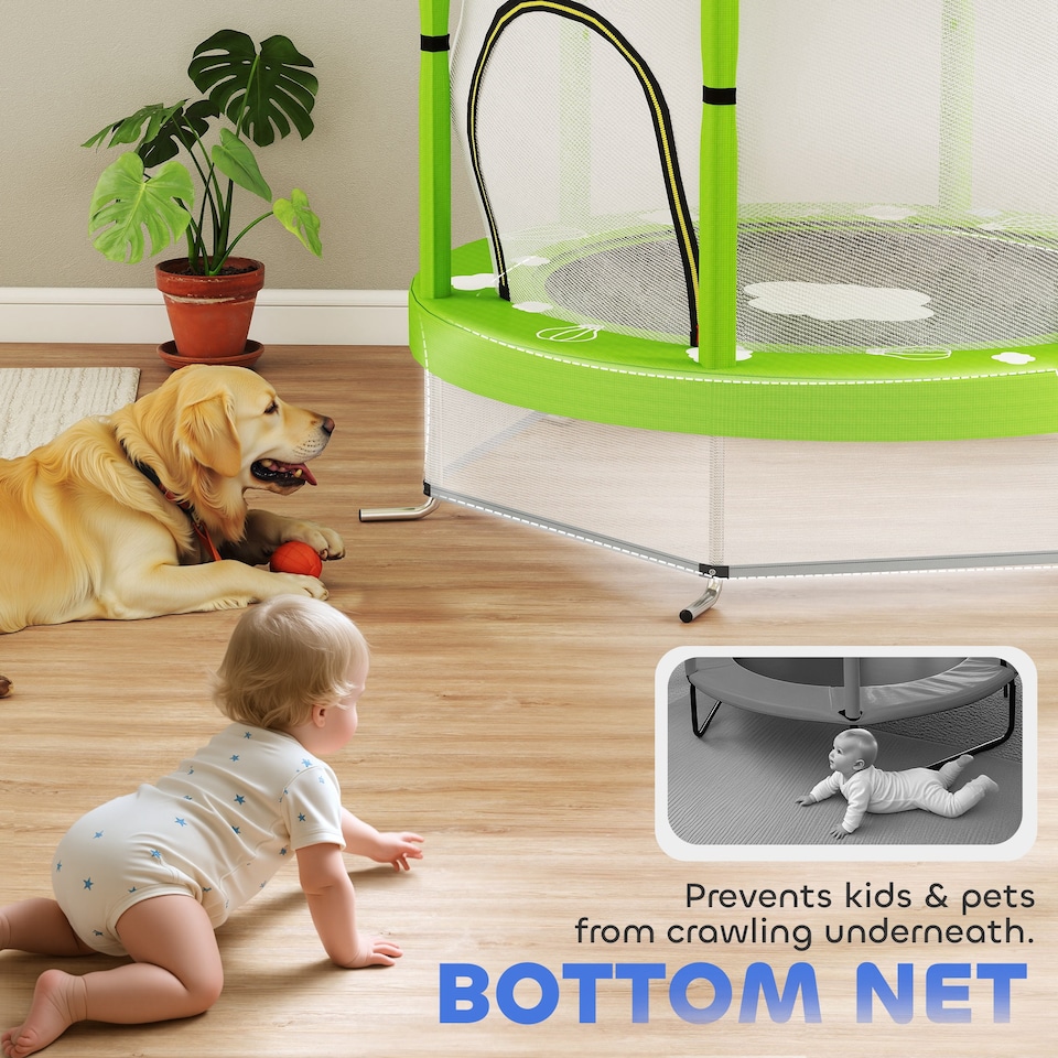 image 1 of AIYAPLAY 4.6FT Kids Trampoline with Safety Enclosure Net | Green | Green