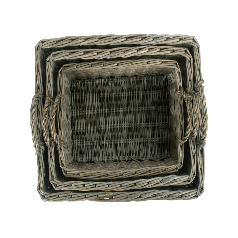 image 1 of Shallow Antique Wash Storage Wicker Basket Set of 3 Brown