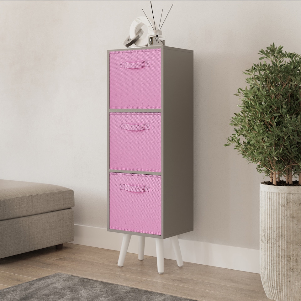 image 1 of Grey 3-Tier 3-Drawer Cube Shelving Unit with Scandinavian Legs | Pink | Light Pink & White | 1