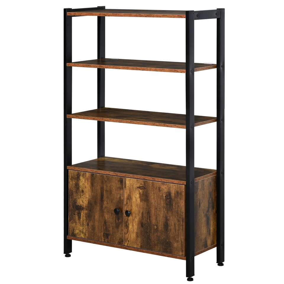 image 1 of HOMCOM Industrial Bookshelf, Storage Cabinet with 3-Tier with Doors, for Home Office, Living Room Rustic Brown