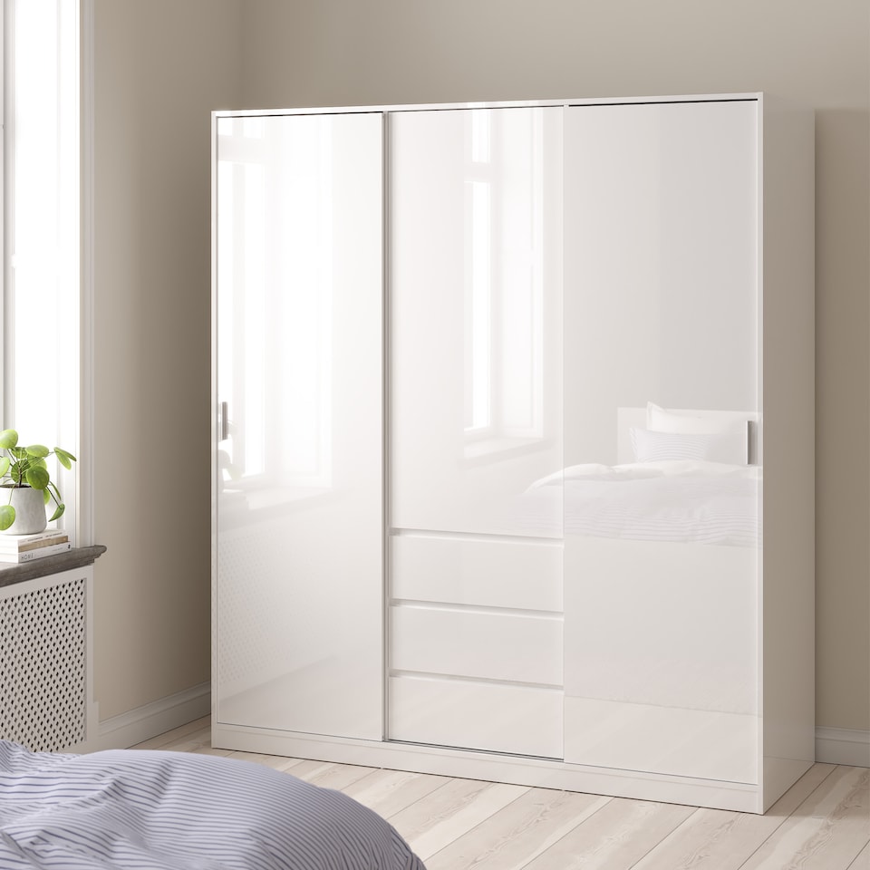 image 1 of Naia Wardrobe with 2 Sliding Doors 1 Door 3 Drawers in White High Gloss