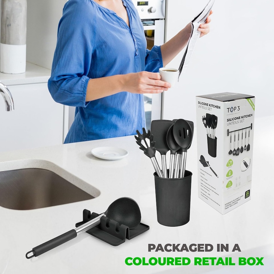 image 1 of 8 Piece Silicone Kitchen Utensil Set with Storage Bucket Black