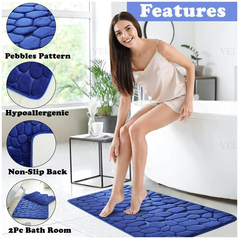 image 1 of VELVETIO 2Pc Pebble Bath Mat Set Memory Foam Bathroom Toilet Rugs Blue | Royal Blue