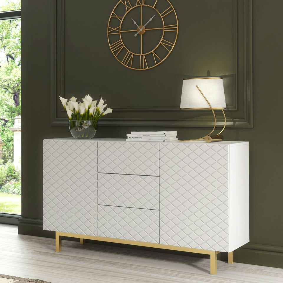 image 1 of White Sideboard with Diamond Pattern Fronts and Gold Legs – 140cm White
