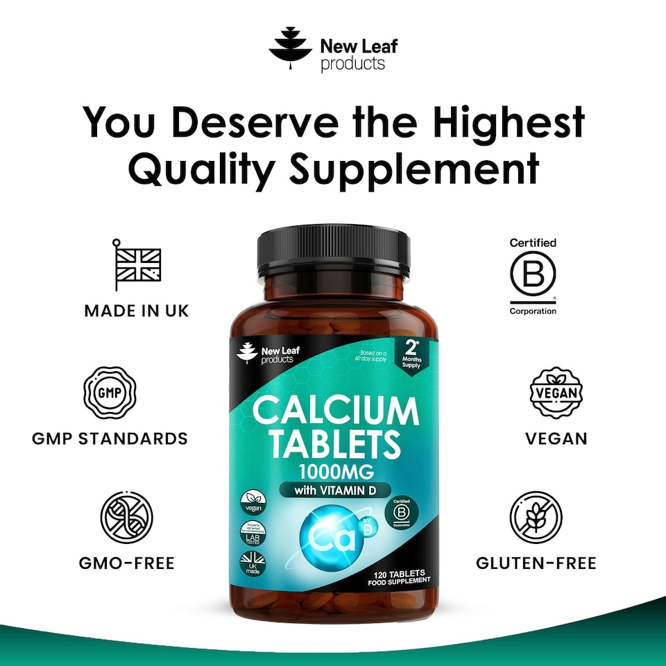 image 1 of Calcium Tablets With Vitamin D - Bones & Joints, and Immune Support - Vegan 120 Tablets