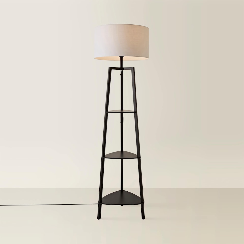 image 1 of ValueLights Hiru Black 3 Tier Shelf Floor Lamp Grey Shade & Bulb | Grey